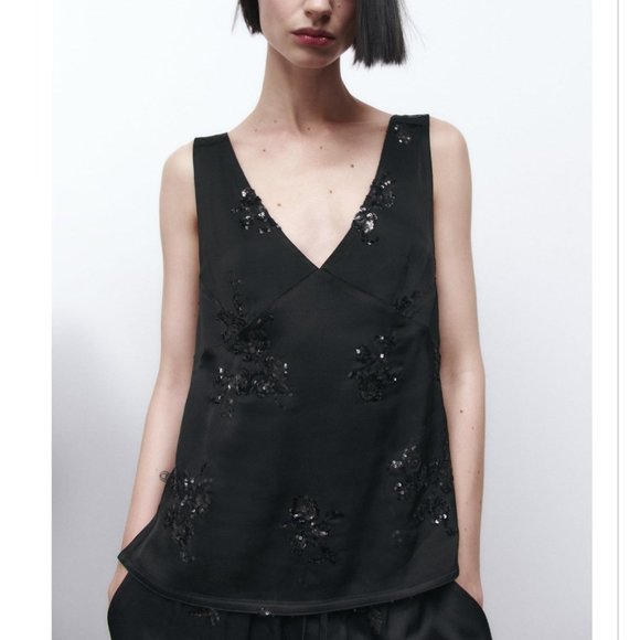 Zara Tops - ZARA WOMEN'S SEQUINNED CAMISOLE TOP IN BLACK SIZE XL - NWT MSRP $50